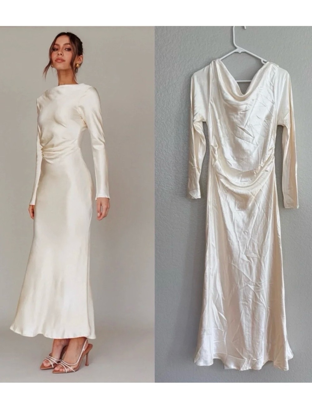 Selfie Leslie Actual dress in butter Cowl Back Long Sleeve Satin Dress